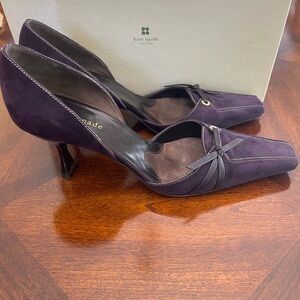 Kate Spade Eggplant Suede heels with leather Bow Detail